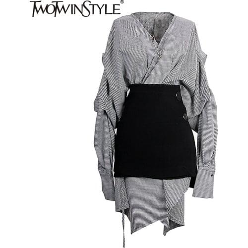 TWOTWINSTYLE Casual Black Two Piece Set Women V Neck Long Sleeve Houndstooth Dress High Waist Mini Skirts Slim Womens Suit 2021