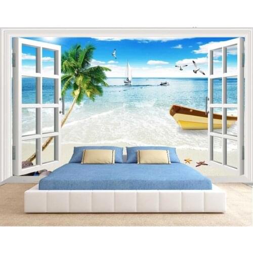 WDBH Custom photo 3d wallpaper Coconut beach boat scenery landscape living room decor 3d wall murals wallpaper for walls 3 d