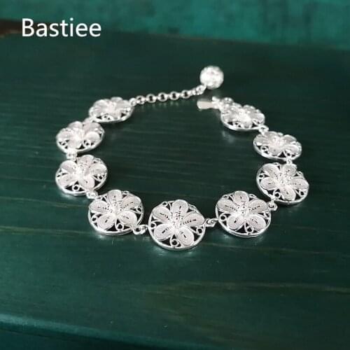 Bastiee Flower 999 Sterling Silver Bracelet For Women Hmong Handmade Bracelets Vintage Ethnic Luxury Jewelry Engagement Gifts