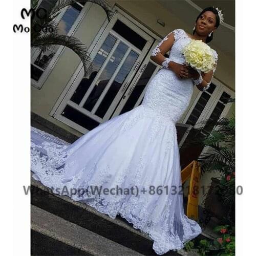 2021 African Mermaid Wedding Dresses Long Sleeves Lace Appliques Puffy Tulle South African Wedding Dresses Bridal Gown