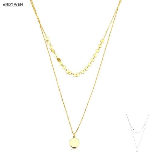ANDYWEN 925 Sterling Silver Gold Coins Pendant Choker Chain Beads Round Double Chain Coins Luxury Collar Women Fine Jewelrt