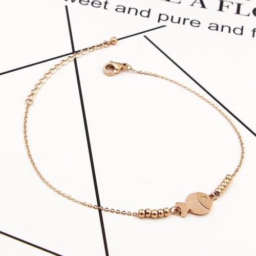 Super Cute Charm Bead Zircon Eyes Small Round Fish Anklet Titanium Steel Rose Gold Colors Anklet Accessories Woman Kids Gift