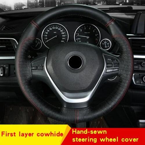 Genuine Leather Car Steering Wheel Cover Universal DIY Braid & Needles Thread Fit For 38cm Diameter Car Steering Wheel Covers