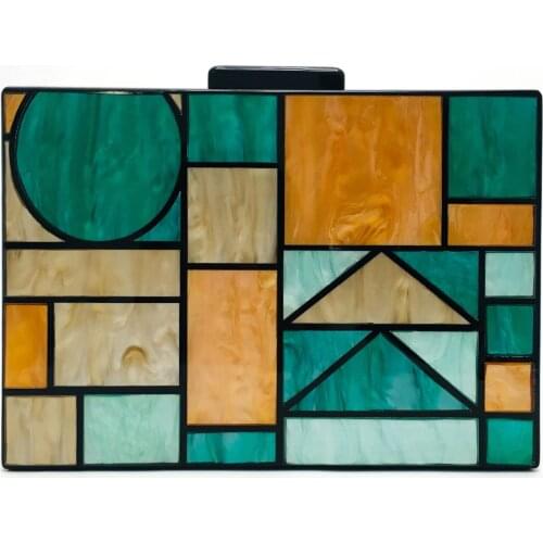 European High End Geometric Pattern Acrylic Handbag Colorful Patchwork Evening Bag Elegant Ladies Party Show Chain Shoulder Bag