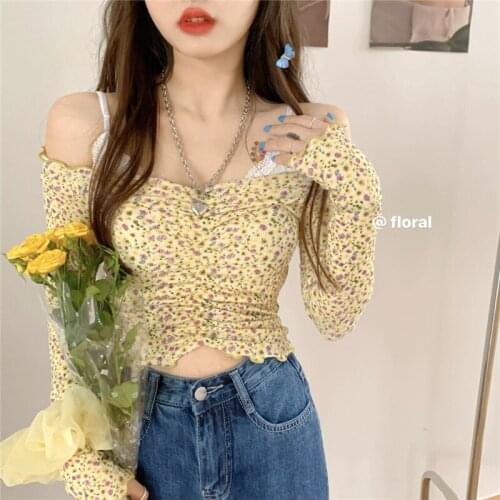 GUUZYUVIZ Sexy Off Shoulder Woman Tshirt Elegant Long Sleeve Floral Folds Short T-shirt Women Korean Fashion Harajuk Top Femme