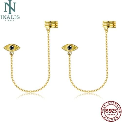INALIS S925 Sterling Silver Earrings For Women Demon Eyes Gold Stud Earring Pretty Chain Fine Jewelry Simple Style Female Gift