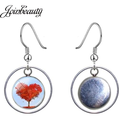 JOINBEAUTY Fallen Leaves Red Heart Tree Shape Pattern Glass Big Pendant Earrings Hollow Out Drop Earring For Lover Jewelry B751