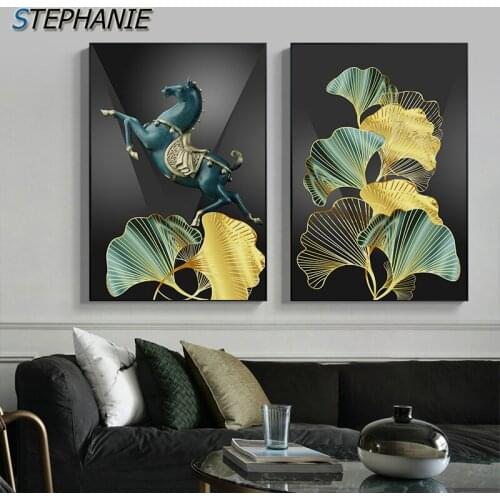 Nordic Animals Horse Painting Abstract Golden Leaf Canvas Green Posters N Prints Modern Luxury Wall Art Picture for Living Room