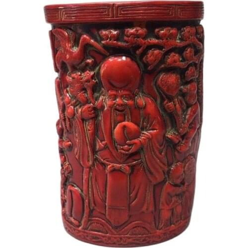 China Old Beijing Old Goods Red Coral Carving Character Pattern Pen Holder