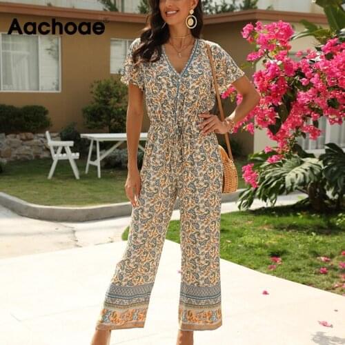 Aachoae Floral Print V Neck Jumpsuit Women Summer Short Sleeve Bow Tie Elastic Waist Jumpsuits 2021 Ladies Wide Leg Overalls