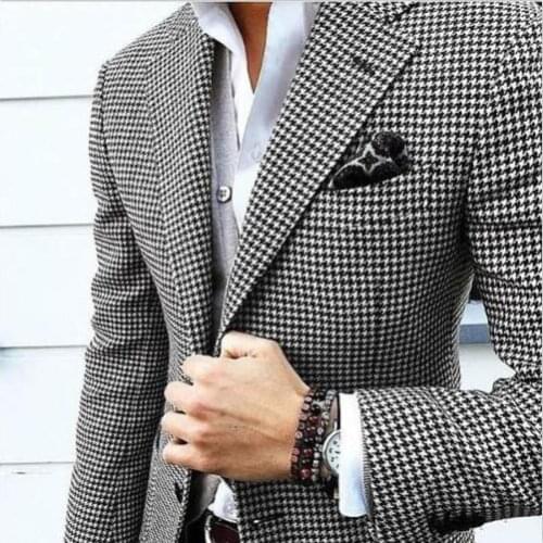 Handsome Groomsmen Houndstooth Groom Tuxedos Shawl Satin Lapel Men Suits Wedding/Prom Best Man Blazer ( Jacket+Pants+Tie) C345