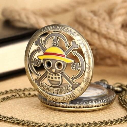 Japanese Anime One Piece Theme Quartz Pocket Watch Yellow Luffy Hats Pendant Pocket Watch Necklace Clock Gifts for Students Fans