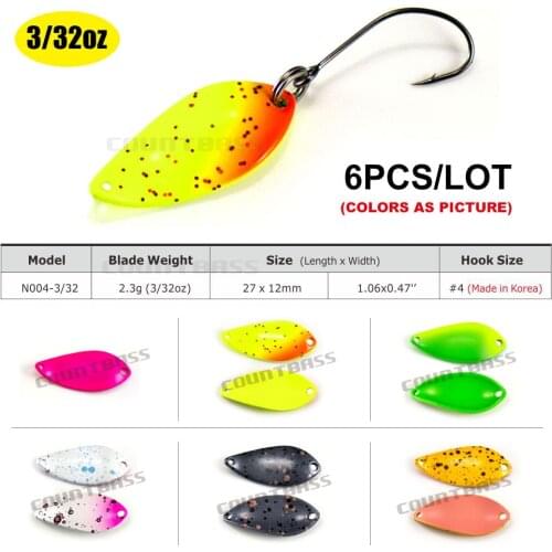 6PCS COUNTBASS Brass Casting Spoon With Korean Single Hook, Size 27x12mm, 2.3g 3/32oz Trout Fishing Lures