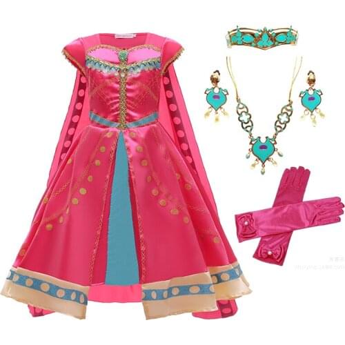 Aladdins Princess Jasmine Cosplay Costume Kids Girls Halloween Party Fancy Dress With Wig Accessories 3-10 Years