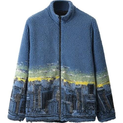 Hip Hop Color Block Lambswool Jackets Men Streetwear Cities View Print Zipper Cardigan Coats Harajuku Loose Couple Coat Outwear