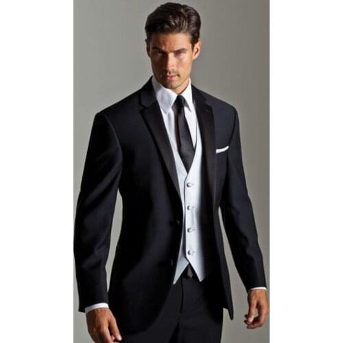 Two Buttons Black Groom Tuxedos Notch Lapel Groomsmen Men Wedding Tuxedos Dinner Prom Suits (Jacket+Pants+Vest+Tie)