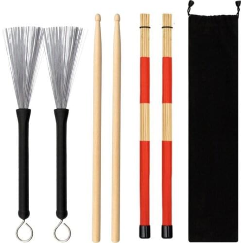 High Quality Hot Rods RuteJazz Drumsticks Set Include Bamboo Drum Sticks Steel Wire Brushes Velvet Bag for Musical Instrument