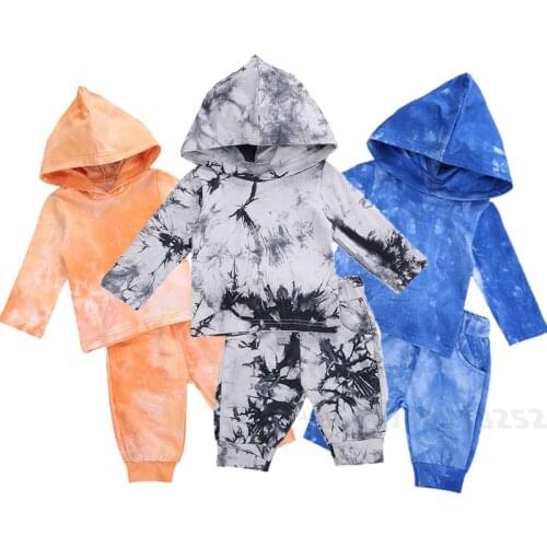 New Baby Kids Shirt Jogger Pants Suit Fashion Dye Printed Round Neck Long Sleeve Lace-up Unisex Trousers 2 pieces
