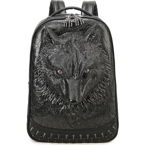 New Fashion 3D Embossed Wolf Backpack bags for Men unique male Bag whimsical Rivet Cool bag For Teenagers Laptop Travel Bags