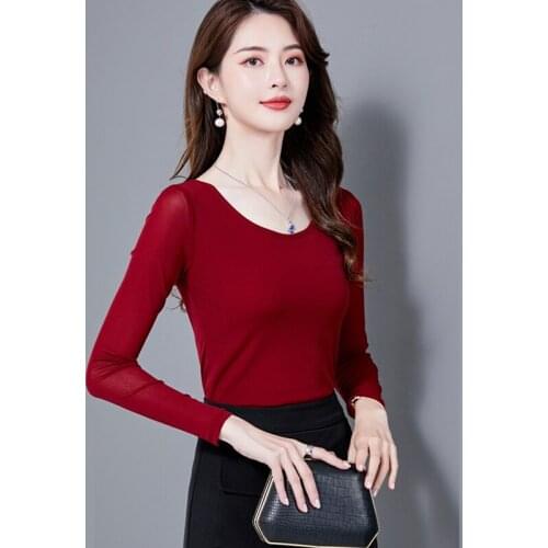 Autumn Womens Clothing Office Lady Mesh T Shirt Sexy Feminine T-shirt Bottoming Shirt Female Fashion T-shirt Plus Size XXXL