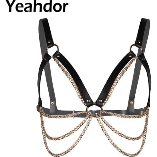 Punk Body Chest Harness Belt PU Leather Metal Chain Tassel Body Caged Bra Waist Belt Sexy Roleplay Party Costume Clubwear