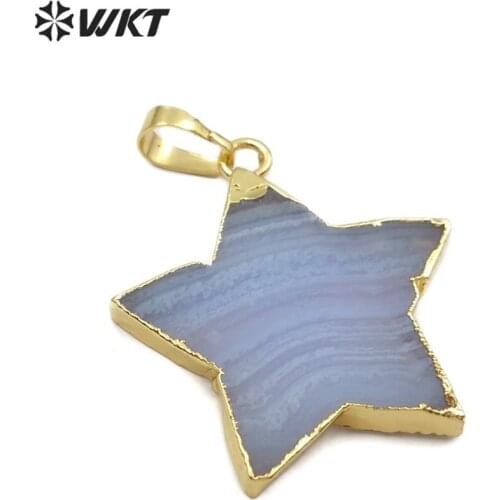 WT-P1448 Star Shape Agates Pendant Natural Blue Agates With Gold Bezel Pendant Lovely Star Pendant For Women Necklace