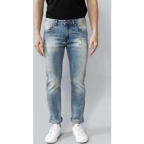 Italian Vintage Fashion Men Jeans Retro Light Blue Slim Fit Ripped Jeans Men High Quality Redline Designer Cotton Denim Pants