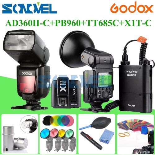 Newest Godox AD-360 AD360II-C 360W Flash Light Speedlite+PB960black Battery+X1C TTL Transmitter for Canon+Godox TT685C Speedlite