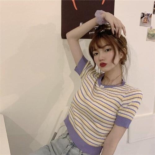 Woman TShirts Knitted High Waist Top Womens Summer Stripes Short Sleeve T-shirt Women Crop Top Mujer Camisetas