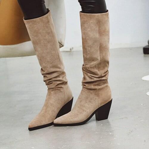 AIWEIYi Women High Heels Knee High Boots Slip On Autumn Winter Women Shoes Black White Ladies Thigh High Boots Black Booties