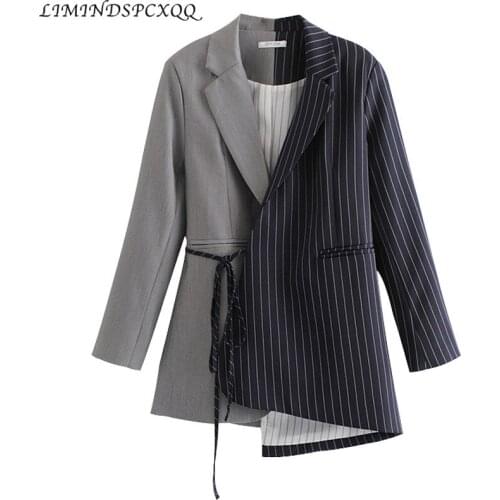Women Stylish Striped Spliced Blazer Notched Collar Slim Lacing Up Bow Suit Jacket Coat Irregular Asymmetry Hem Outerwear Tops
