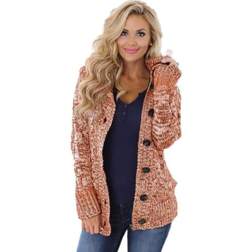 Women Winter Hooded Cable Knit Cardigan Zipper Button Down Slim Sweater Coat Solid Color Warm Plush Lined Outwear with Pockets S