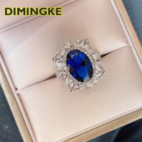 DIMINGKE Vintage 8*12 Egg Shaped Natural Sapphire Ring 100% S925 Sterling Silver AU750 18K Gold Party High Jewelry