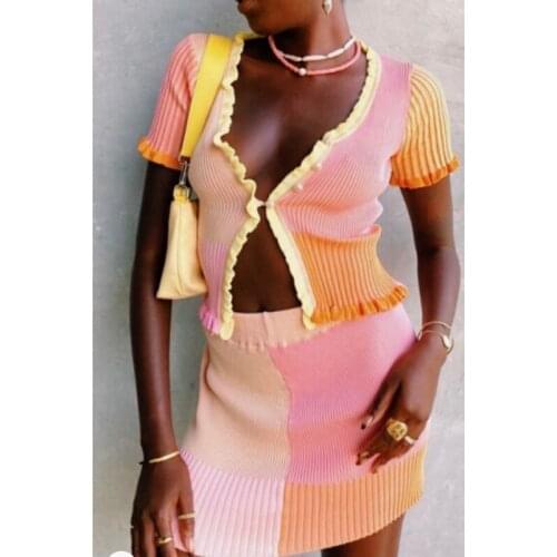 Women Knitting Dress Ruffle Coat Suit Short Sleeve Buttons Gradient Color Block Tops High Waist Slimming Short Mini Skirt Sets