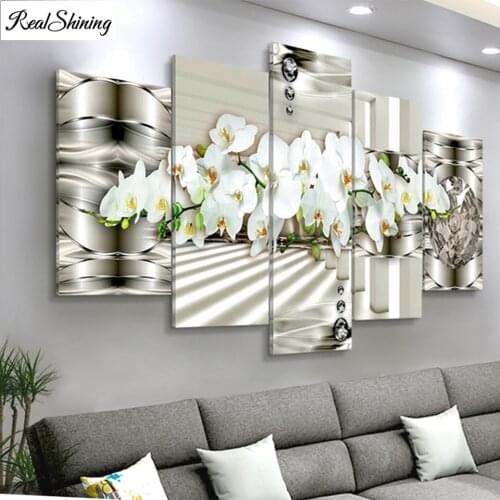 5 Panel Flowers Full Square/Round Drill 5d Diy Diamond Painting Mosaic Diamond Multi Panels"White Orchids"Diamant Painting,F1023