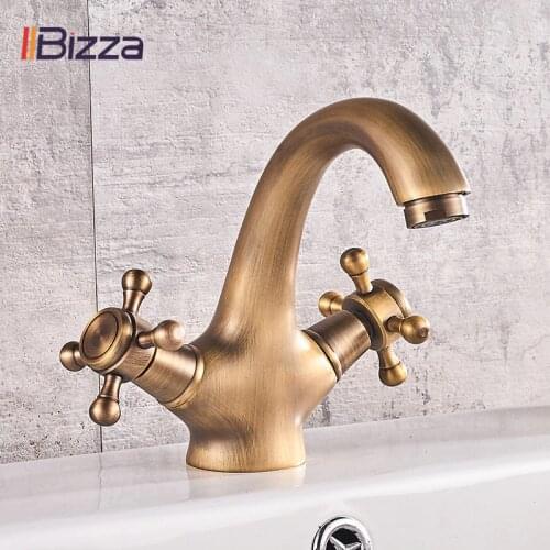 IIBizza Antique Faucet Hot and Cold Water Brass Bronze Brushed Sink Faucets Bathroom Swan Tap Vintage Basin Double Handle Mixer
