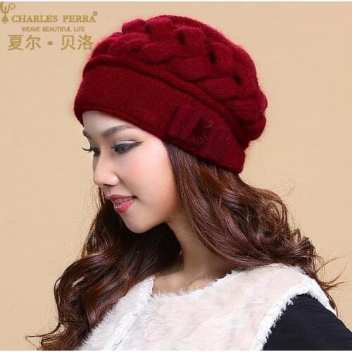 Charles Perra Brand Women Hats Winter Thicken Double Layer Thermal Knitted Hat Elegant Casual Wool Cap Beanies Beret 2849