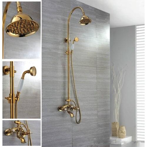 Free shipping gold clour Rainfall shower tub faucet mixer tap with Rain Shower+Handheld Spray