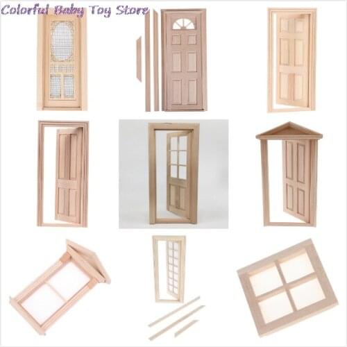 1/12 DIY Wooden Window Door Doll House Accessories Pretend Play Toy For Kids Doll House Furniture Simulation Miniatures