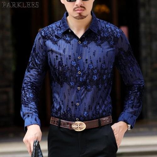 Mens Floral Embroidery Lace Shirt 2019 Sexy New Transparent Dress Shirt Men Mesh See Trough Club Party Event Prom Chemise Homme