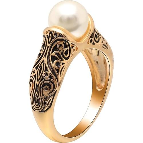 Hainon Imitation Pearls Wedding Band Women Rings Elegant Engagement Flower Vintage Female Gold Color Hollow Finger Ring