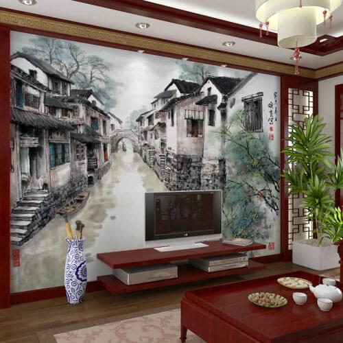 Chinese ink painting large murals study living room TV setting wall jiangnan scenery restaurant seamless wall cloth wallpaper