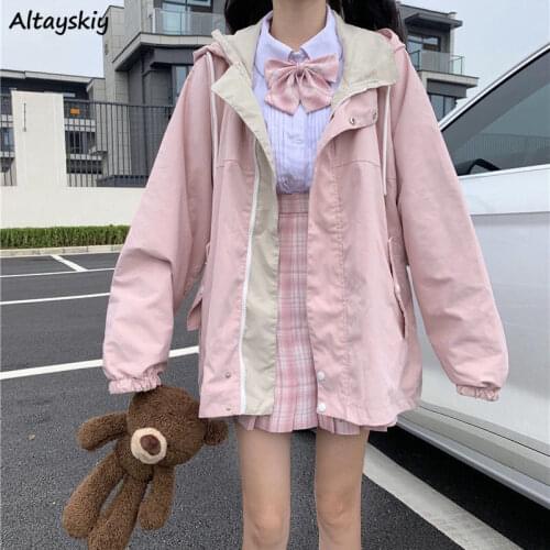 Basic Jackets Women Loose Patchwork Hooded Pockets Fake Two Piece Cargo Style Preppy Students Streetwear Japanese Version Baggy