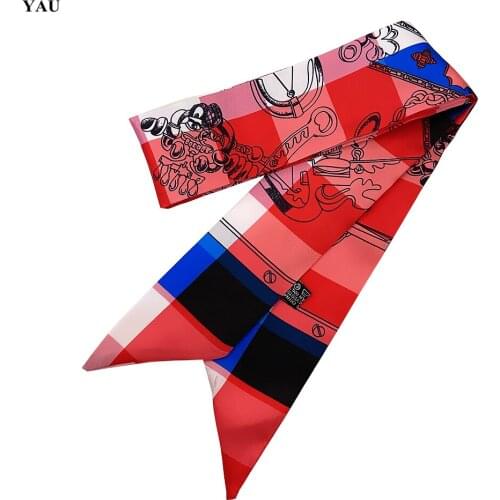 Hot Selling 88cm*5cm Square colorblock Printed Small Scarf Women Twill Silk Scarf Headband Long Scarves Bag Accessories Ribbon