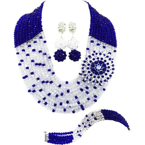 Fashion Royal Blue Clear AB Transparen Nigerian Wedding African Beads Jewelry Set Crystal Necklace Bracelet Earrings Sets 10SZ23