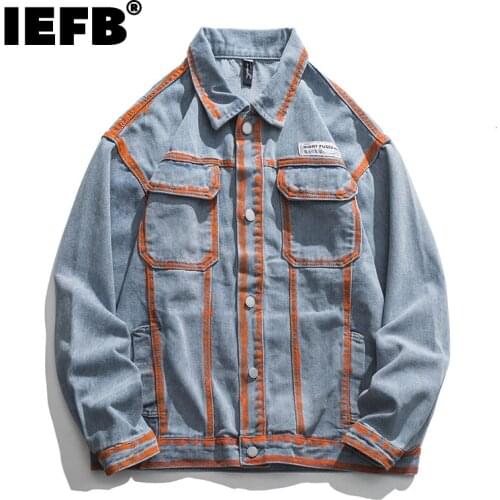 IEFB Mens Autumn Clothing 2021 New Yellow Line Printed Denim Jacket Korean Casual Loose Oversized Jeans Coat Hip Hop 9Y8962