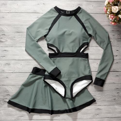 2021 New Women Long Sleeve One Piece Swimwear Sexy Swim Beach Dress Summer Swimsuit Swimming Beachwear Bathing Suit with Skirt