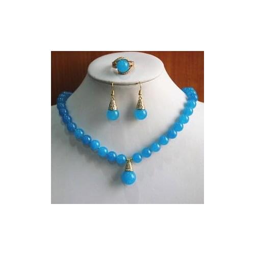 Charming Blue Precious Jade Necklace Earring Ring(6/7/8/9) Jewelry Set