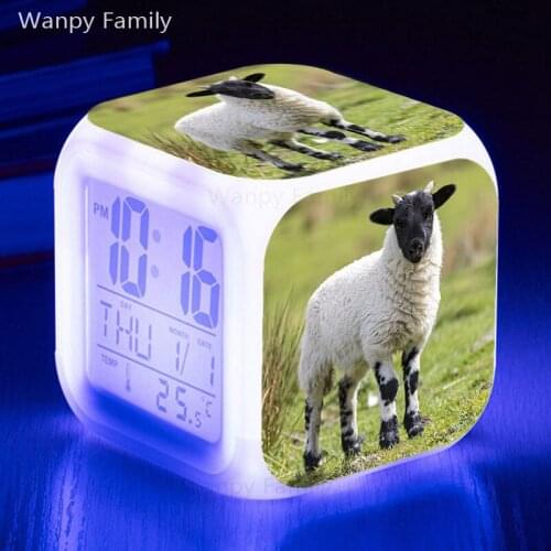 Very Cute Little Sheep Alarm Clock 7 Color Glowing LED Touch Sensing Alarm Clock Kids Gift Multifunctio Digital Flash Clock