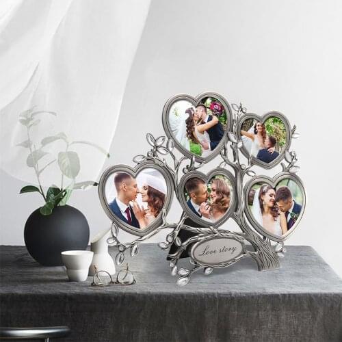 Alloy Family Tree with 5 Hanging Heart-shaped Photo Frames Collage Desk Decorations Couple Gifts Heart-shaped Decor Ornaments